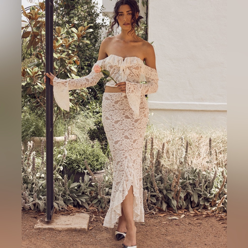 Meshki White Lace Midi Skirt